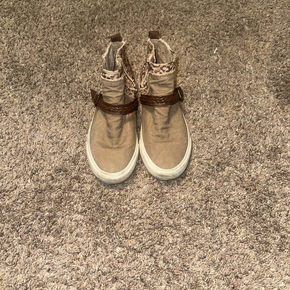 Tan High-Top Shoes with Brown, Leopard Print Accents